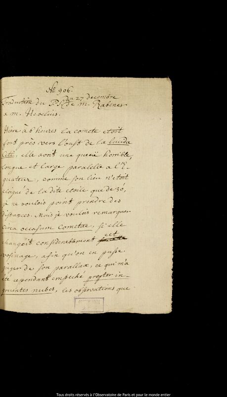 Texte manuscrit de Johann Gebhard Rabener à Jan Heweliusz, 27 décembre 1664