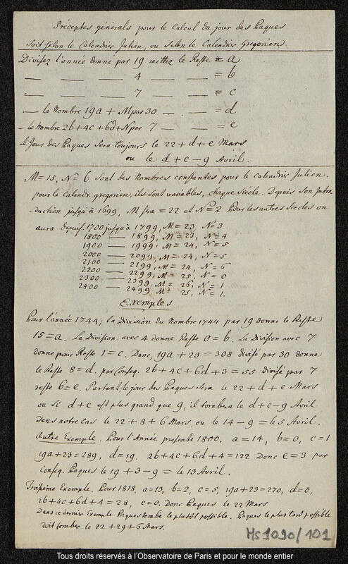 Préceptes générales pour le calcul du jour des Pâques soit selon le calendrier Julien, ou selon le calendrier grégorien