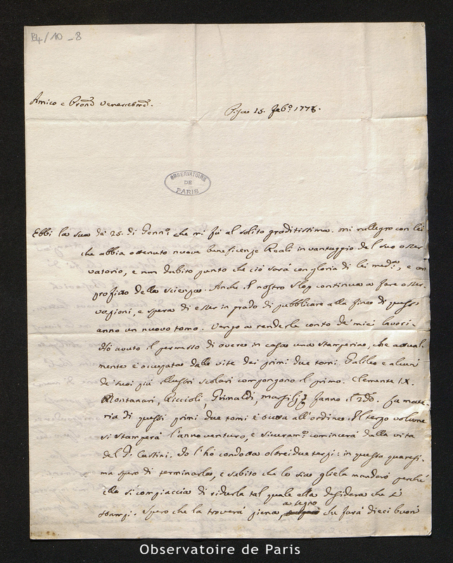 Lettre de Fabroni à Cassini IV, Pise le 15 février 1778