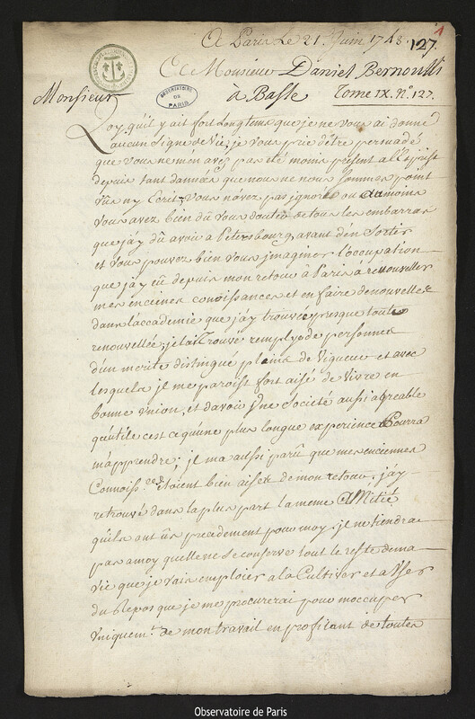 Lettre de Joseph-Nicolas Delisle à Daniel Bernoulli, Paris, 21 juin 1748