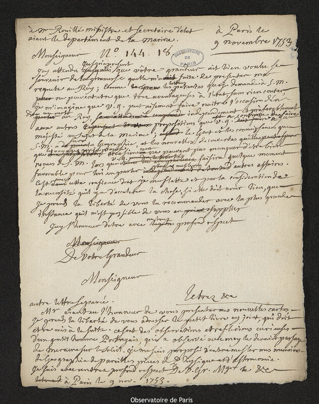 Lettre de Joseph-Nicolas Delisle à Antoine Louis Rouillé, Paris, 9 novembre 1753