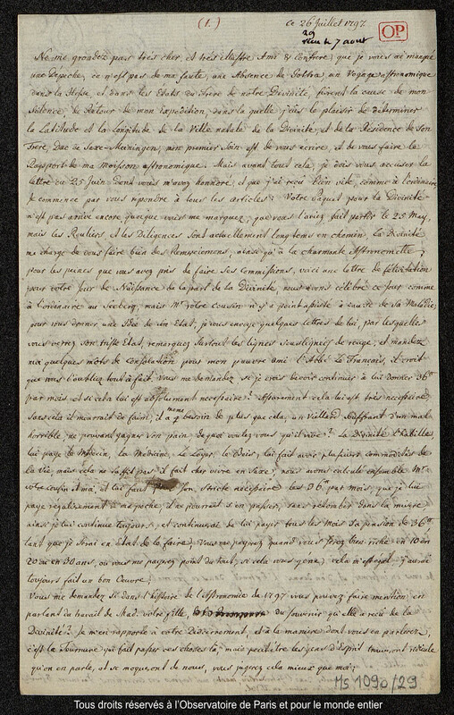 Lettre du baron Franz Xaver von Zach à Joseph Jérôme Le françois de Lalande [Gotha], 26 juillet 1797