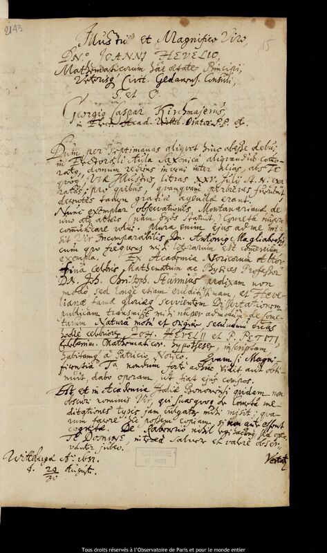 Lettre de Georg Caspar Kirchmaier à Jan Heweliusz, Wittenberg, 20 août 1681