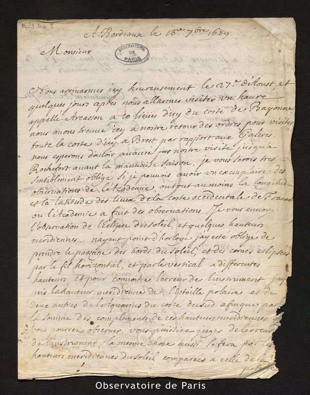 Lettre de Chazelles à Cassini I, Bordeaux le 18 septembre 1689