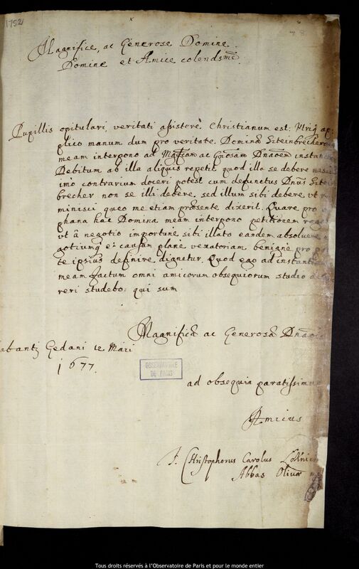 Lettre de Krzysztof Karol Loknicki à Jan Heweliusz, Gdansk, 12 mai 1677