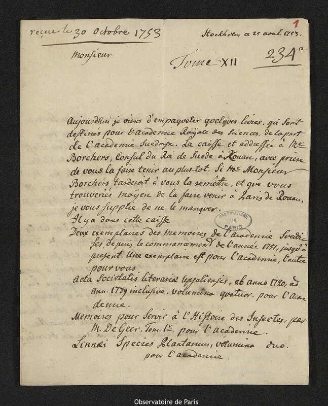 Lettre de Pehr Wilhelm Wargentin à Joseph-Nicolas Delisle, Stockholm, 25 août 1753