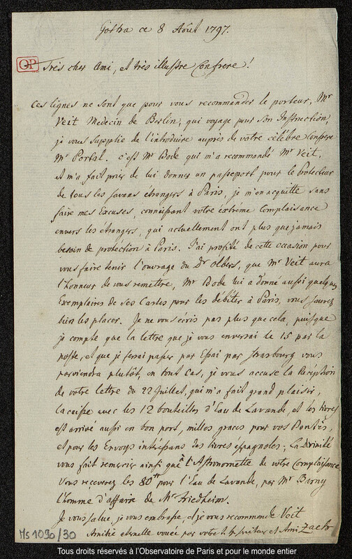 Lettre du baron Franz Xaver von Zach à Joseph Jérôme Le françois de Lalande Gotha, 8 août 1797