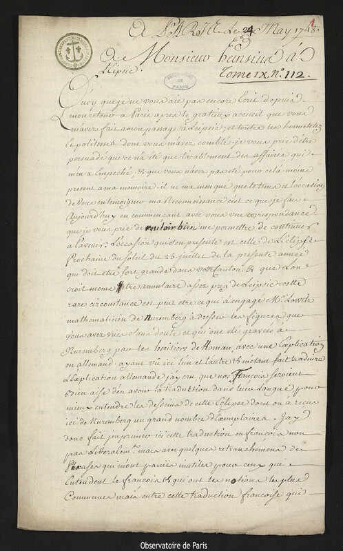 Lettre de Joseph-Nicolas Delisle à Gottfried Heinsius, Paris, 24 mai 1748