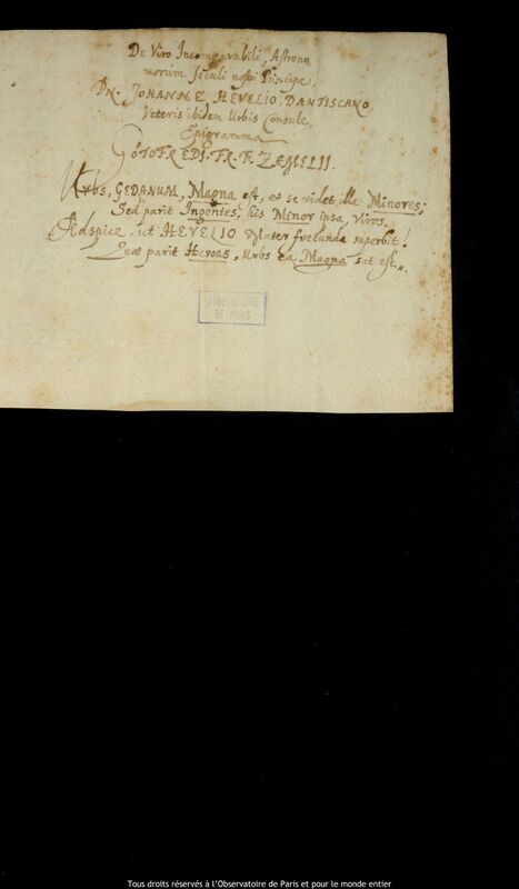 Texte manuscrit de Gottfried Zamel à Jan Heweliusz, Elblag, 1661