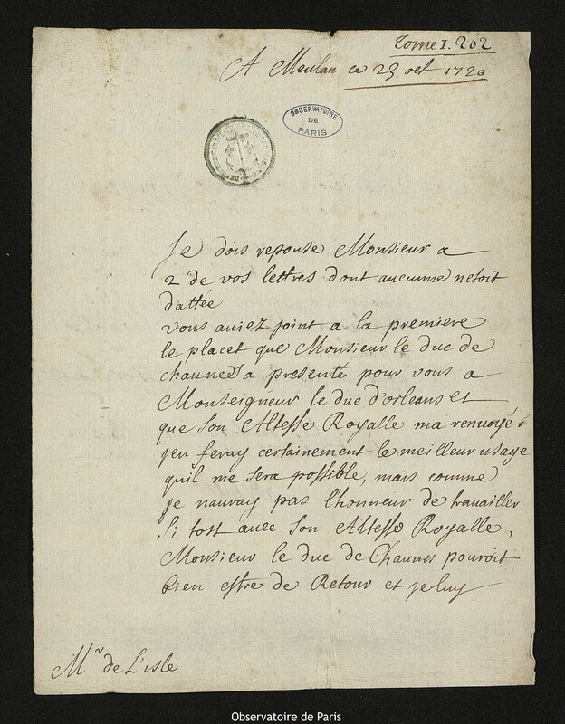 Lettre de Jean-Paul Bignon à Joseph-Nicolas Delisle, Meulan, 23 octobre 1720