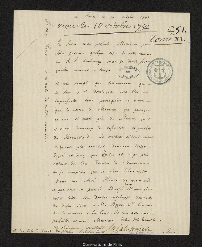 Lettre de Rolland-Michel Barrin, marquis de La Gallissonnière à Joseph-Nicolas Delisle, Paris, 10 octobre 1752