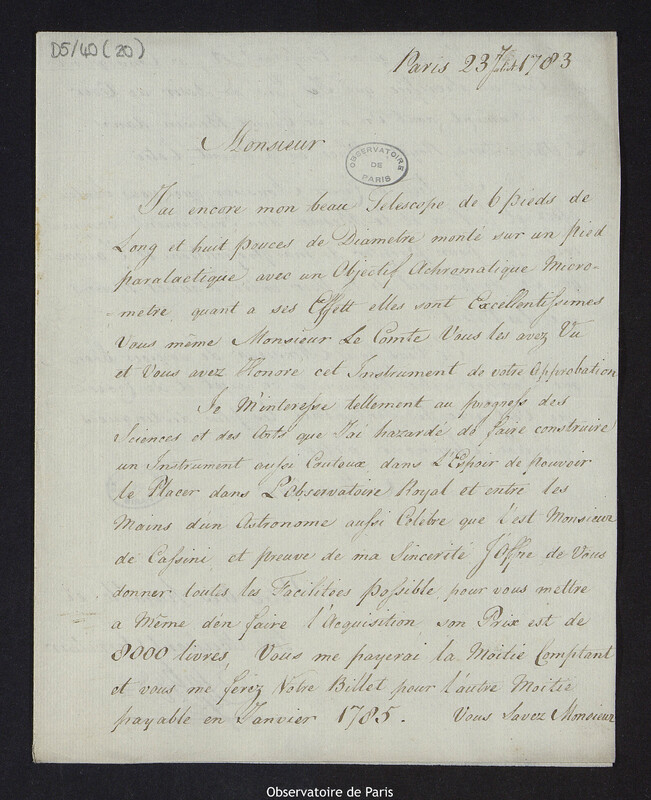 Lettre de Monsieur H. Sykes, opticien du roi, à Cassini IV, le 23 juillet 1783