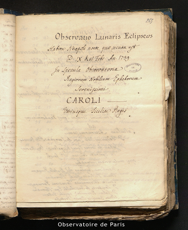 Observations de l'éclipse de Lune à Naples, la nuit du 24 janvier 1739 dans l'Observatoire Royal de Charles III Roi des deux Siciles