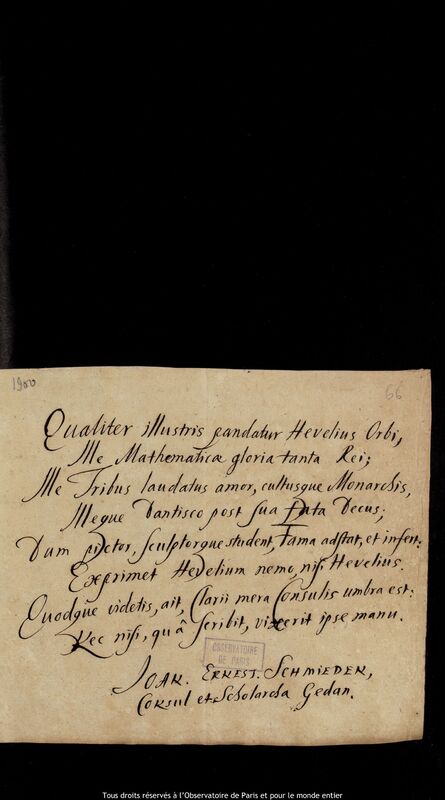 Texte manuscrit de Johann Ernst von Schmieden à Jan Heweliusz, 1678