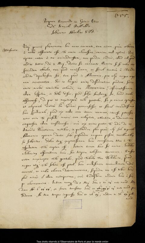 Lettre de Jan Heweliusz à Ismaël Boulliau, Gdansk, 5 mai 1661