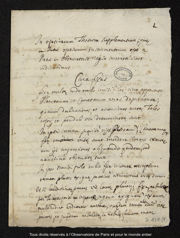 In opticarum theseora supplementum ; que opticarum instrumentorum ope a patre in Observatorio regio inventa sunt indicabimus : Texte de Cassini I autour de plusieurs planètes et autres astres.