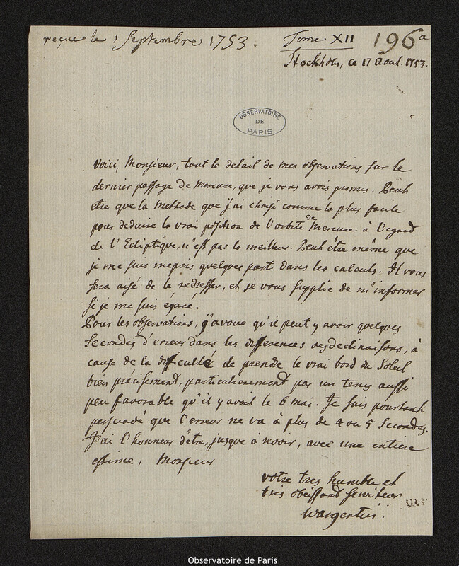 Lettre de Pehr Wilhelm Wargentin à Joseph-Nicolas Delisle, Stockholm, 17 août 1753