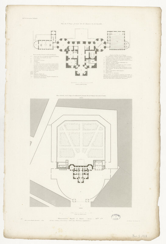 Observatoire Royal à Paris : pl. 1ère : plan du 1er étage formant rez-de-chaussée du côté du jardin (échelle : 2 mm/m) et Plan général et de l’étage de soubassement formant rez-de-chaussée du côté de l’entrée (échelle : 1 mm/m). 1667 à 1672 (Claude Perrault ; 1832 (M. Biet, cabinets d’observations), 1838 à 1840 (M. de Gisors, amphithéâtre) (titre original)