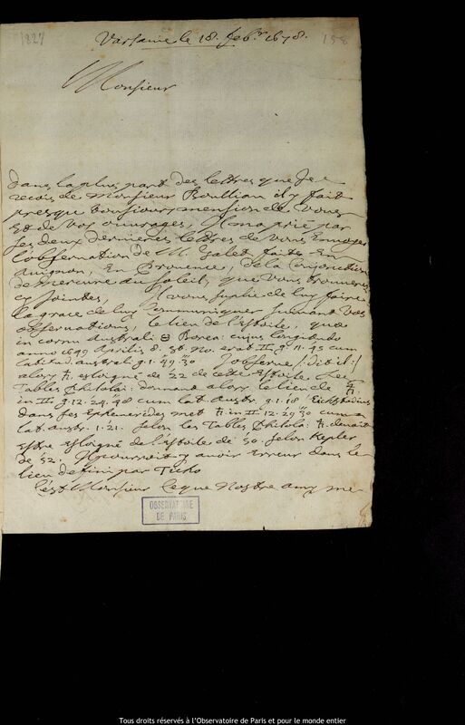 Lettre de Pierre Des Noyers à Jan Heweliusz, Varsovie, 18 février 1678