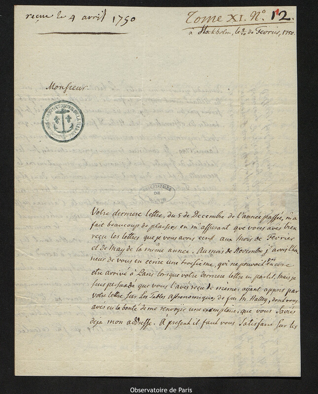 Lettre de Pehr Wilhelm Wargentin à Joseph-Nicolas Delisle, Stockholm, 20 février 1750