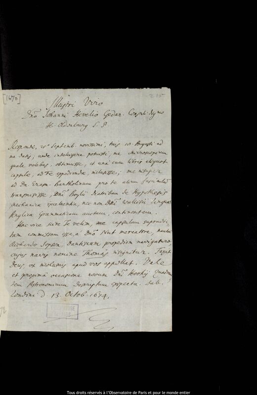 Lettre de Henry Oldenburg à Jan Heweliusz, Londres, 13 octobre 1674