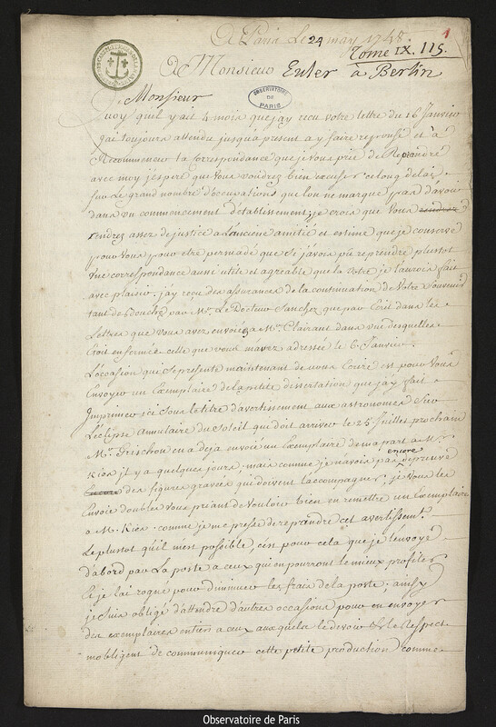 Lettre de Joseph-Nicolas Delisle à Leonhard Euler, Paris, 24 mai 1748