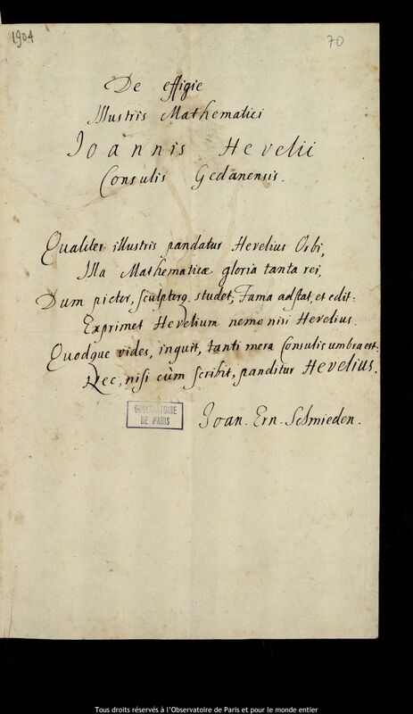 Texte manuscrit de Johann Ernst von Schmieden à Jan Heweliusz, 1678