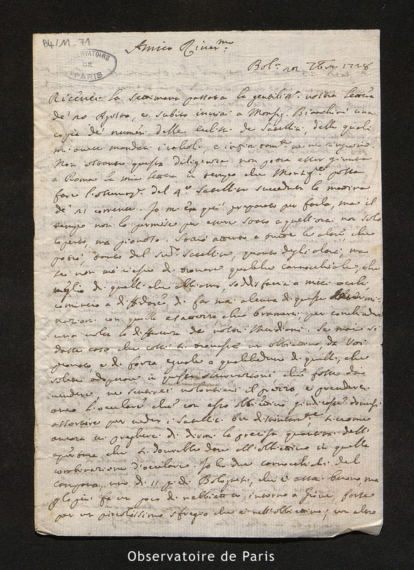 Lettre de Manfredi à Maraldi, Bologne le 22 septembre 1728