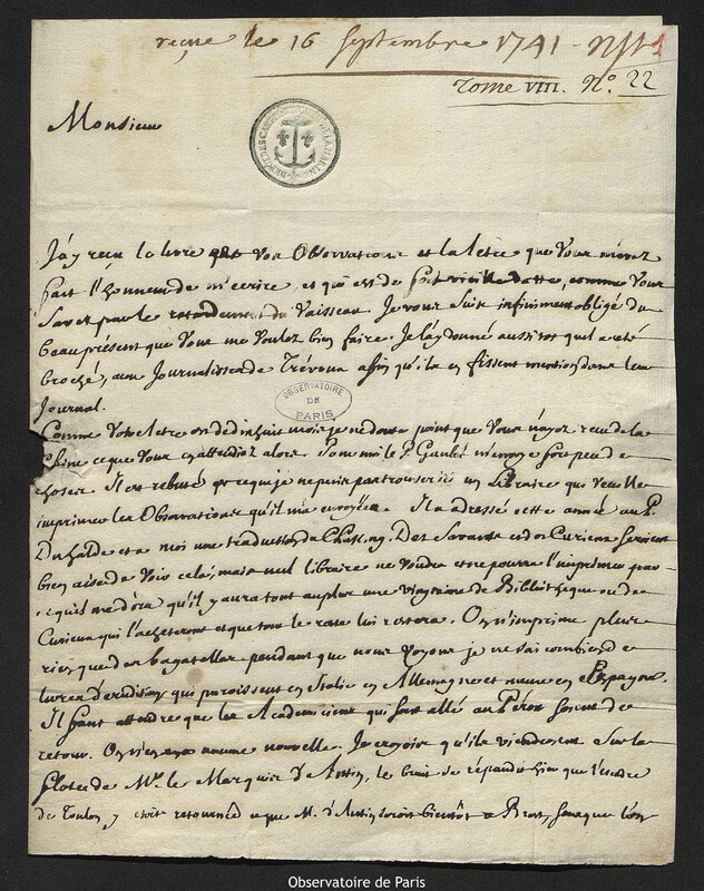 Lettre de Étienne Souciet à Joseph-Nicolas Delisle, Paris, 24 avril 1741