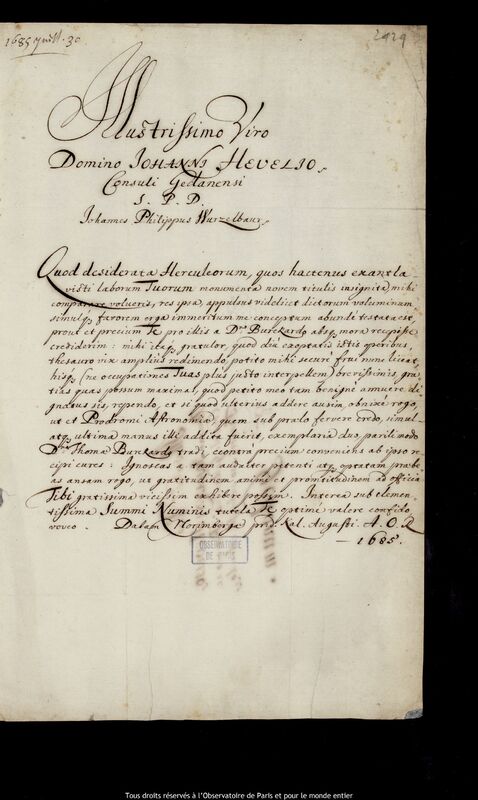 Lettre de Johann Philipp von Wurzelbaur à Jan Heweliusz, Nuremberg, 31 juillet 1685