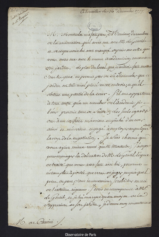 Lettre de Charles de la Billarderie, comte d'Angiviller, à Cassini IV, à Versailles le 16 décembre 1777