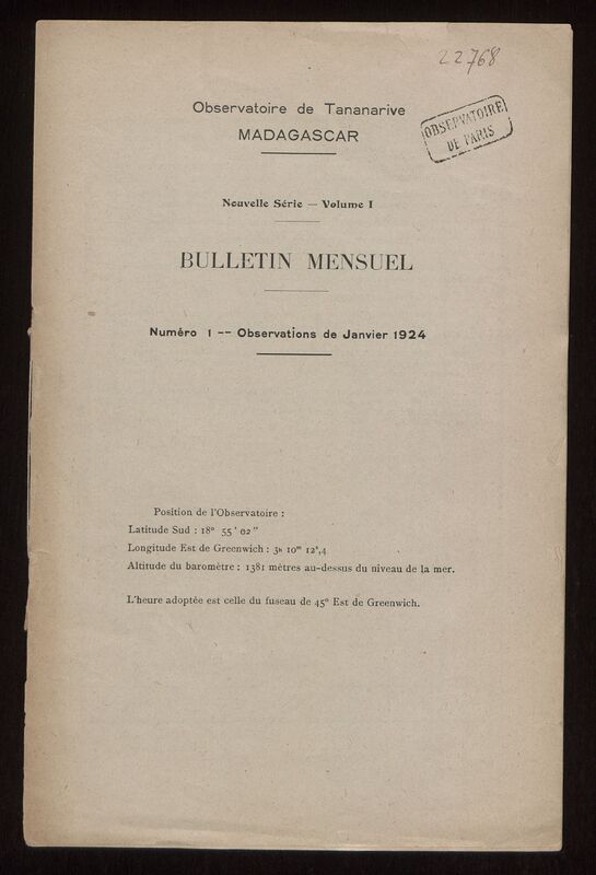 (1924) Bulletin mensuel de l'Observatoire de Tananarive