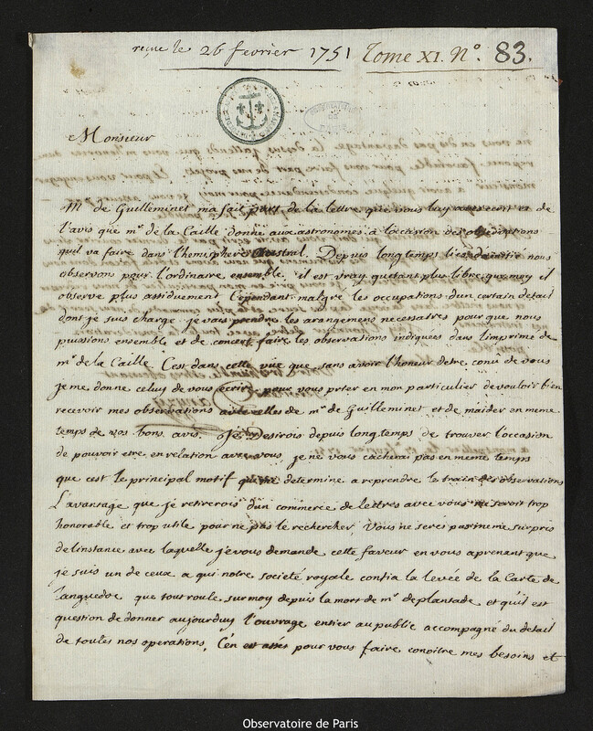 Lettre de Augustin Hyacinthe Danyzy à Joseph-Nicolas Delisle, Montpellier, 17 février 1751