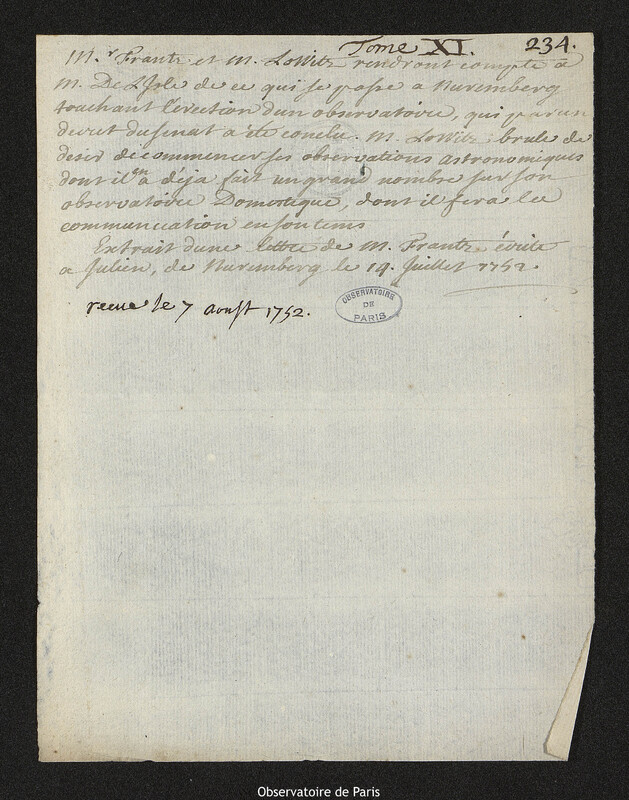 Extrait de lettre de Johann Michael Franz à Roch-Joseph Julien, éditeur et marchand de cartes géographiques,14 juillet 1752