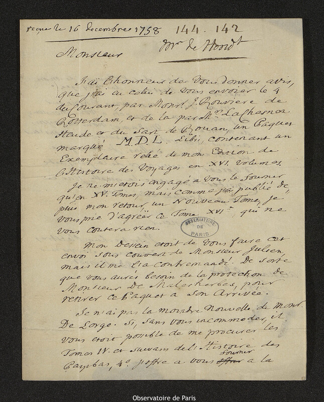 Lettre de Pieter De Hondt à Joseph-Nicolas Delisle, La Haye, 8 décembre 1758