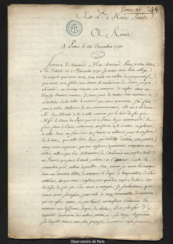 Lettre de Joseph-Nicolas Delisle à Christopher Maire, Paris, 28 décembre 1750