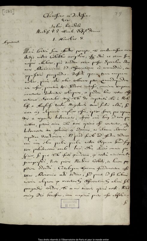 Lettre de Jan Heweliusz à Julius Reichelt, Gdansk, 14 janvier 1673