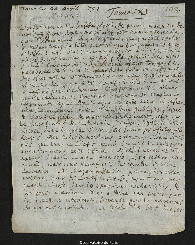 Lettre de Johann Michael Franz à Joseph-Nicolas Delisle, Nuremberg, 16 avril 1751