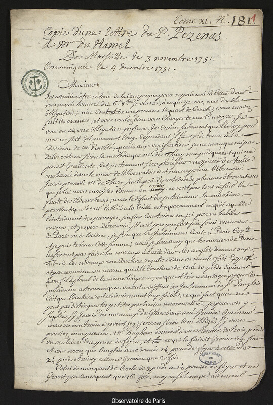 Lettre de Esprit Pezenas à Henri-Louis Duhamel du Monceau, Marseille, 3 novembre 1751