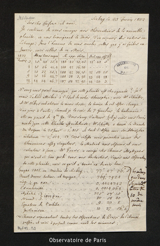 Lettre de Zach à [Méchain], Seeberg le 20 février 1802