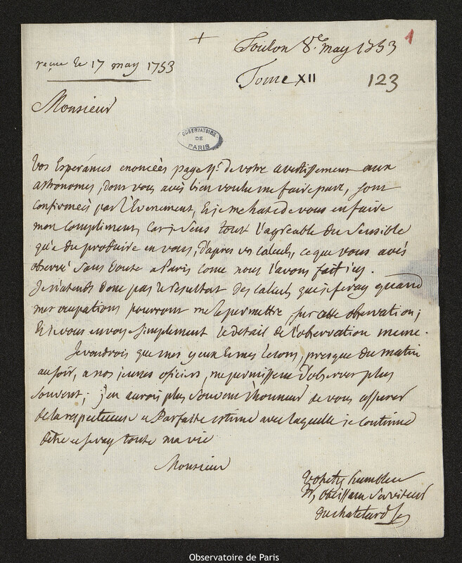 Lettre de Jean-Jacques Du Chatelard à Joseph-Nicolas Delisle, Toulon, 8 mai 1753