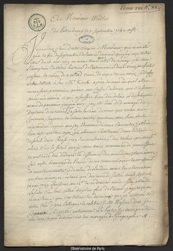 Lettre de Joseph-Nicolas Delisle à Johann Friedrich Weidler, Saint-Pétersbourg, 7 septembre 1743