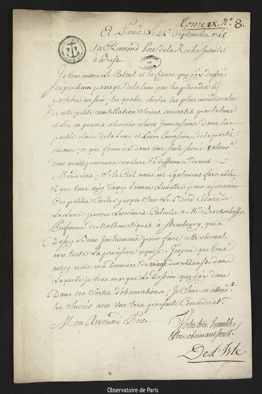 Lettre de Joseph-Nicolas Delisle à Père La Roche, professeur d'hydrographie, Paris, 24 septembre 1748