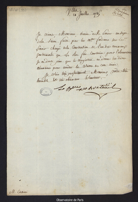 Lettre de Louis Le Tonnelier, baron de Breteuil, à Cassini IV, directeur de l'Observatoire, le 21 juillet 1785