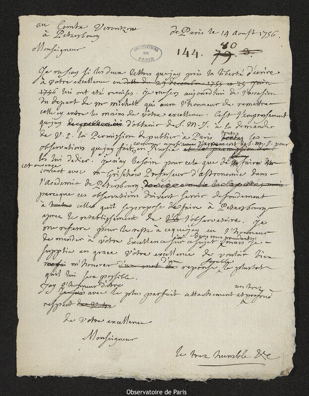 Lettre de Joseph-Nicolas Delisle à Mikhaïl Illarionovitch Vorontsov, Paris, 14 août 1756