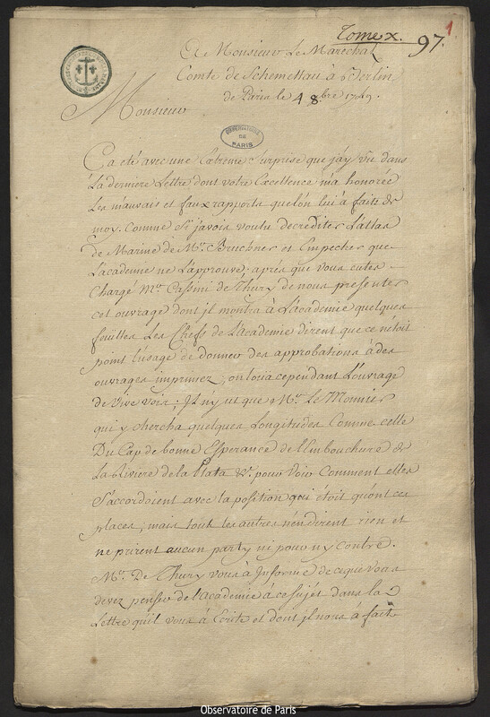 Lettre de Joseph-Nicolas Delisle à comte Samuel de Schmettau, Paris, 4 octobre 1749