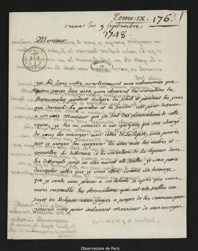 Lettre de Jean-François de Marcorelle, baron d'Escale à Joseph-Nicolas Delisle, Toulouse, 4 septembre 1748