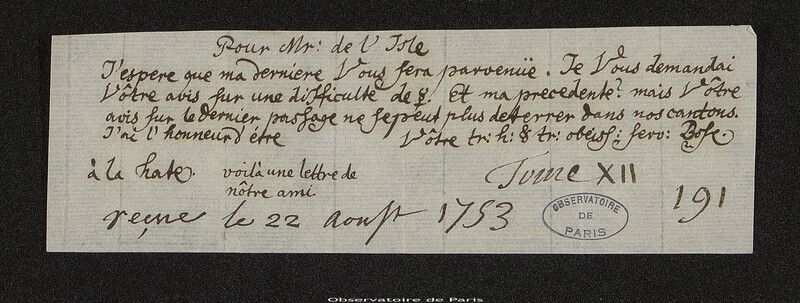 Lettre de Georg Matthias Bose à Joseph-Nicolas Delisle