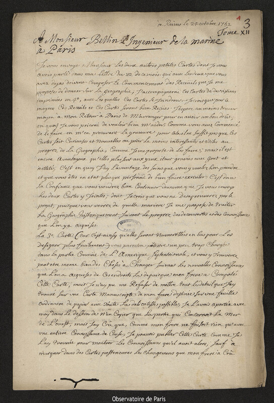 Lettre de Joseph-Nicolas Delisle à Jacques-Nicolas Bellin, Reims, 24 octobre 1752