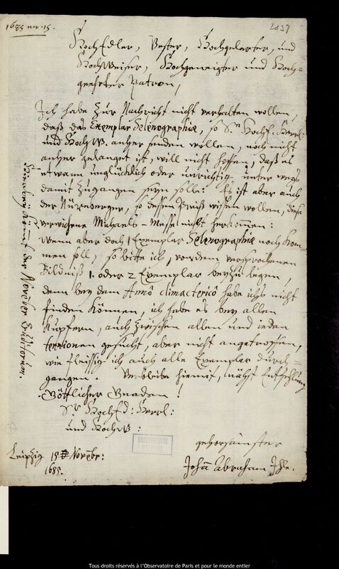 Lettre de Johann Abraham Ihle à Jan Heweliusz, Leipzig, 15 novembre 1685